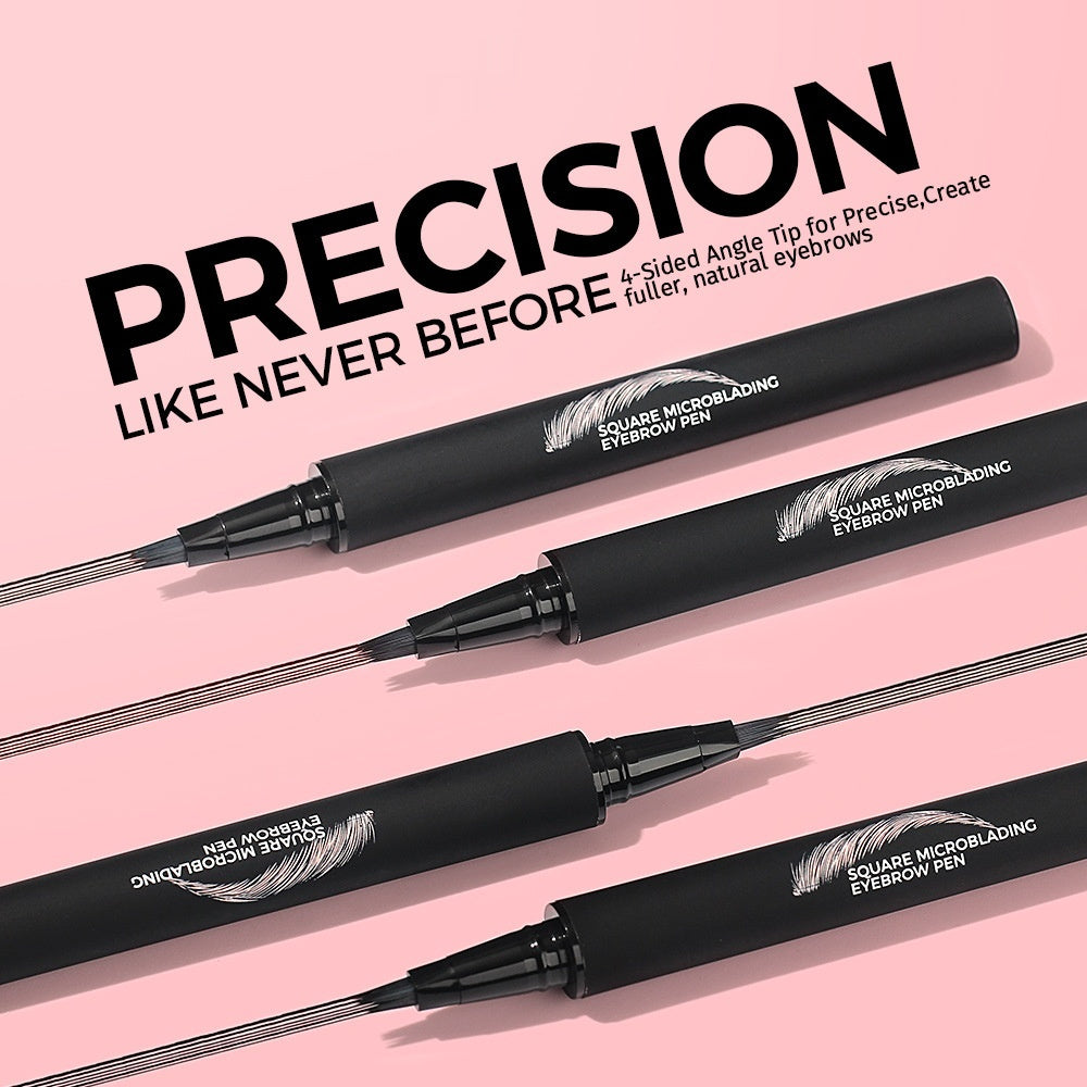 Eyebrow pens with 'PRECISION LIKE NEVER BEFORE' text on a pink background