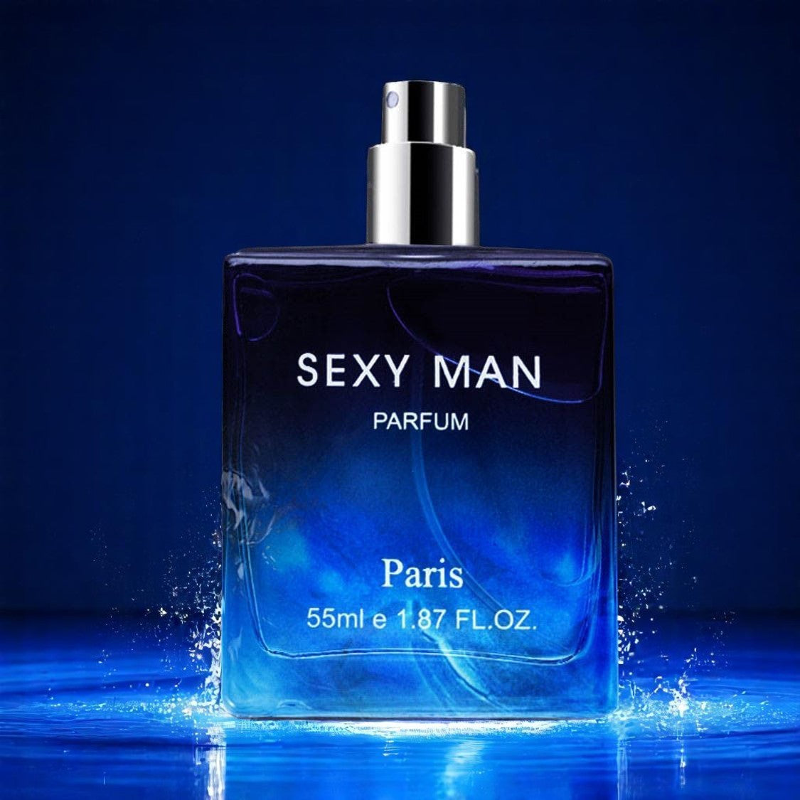 Perfume bottle labeled 'Sexy Man Parfum Paris' on a dark blue background