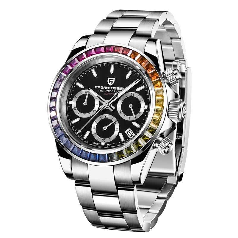 Silver wristwatch with a black face and colorful bezel on a white background