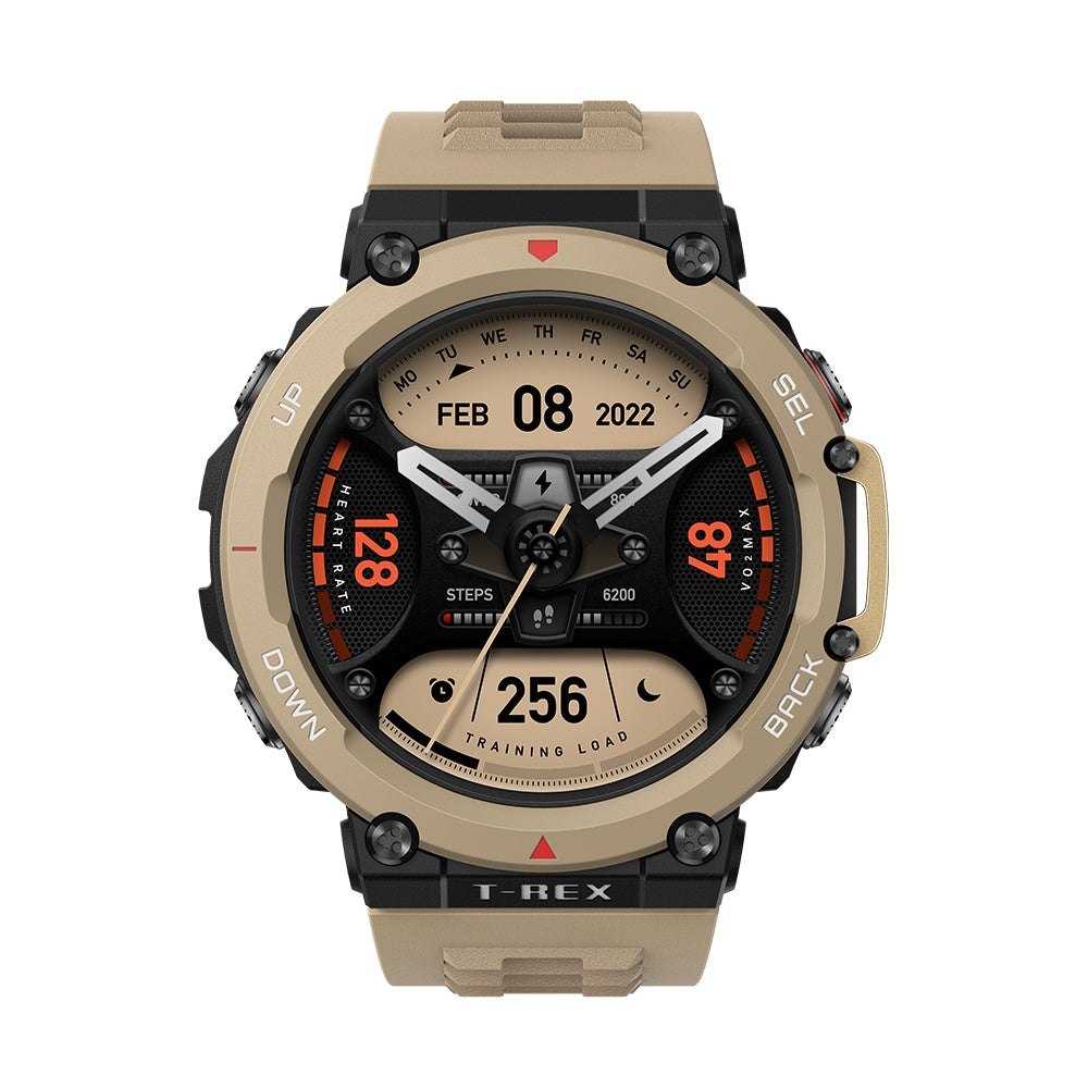 Beige smartwatch with digital display on a white background