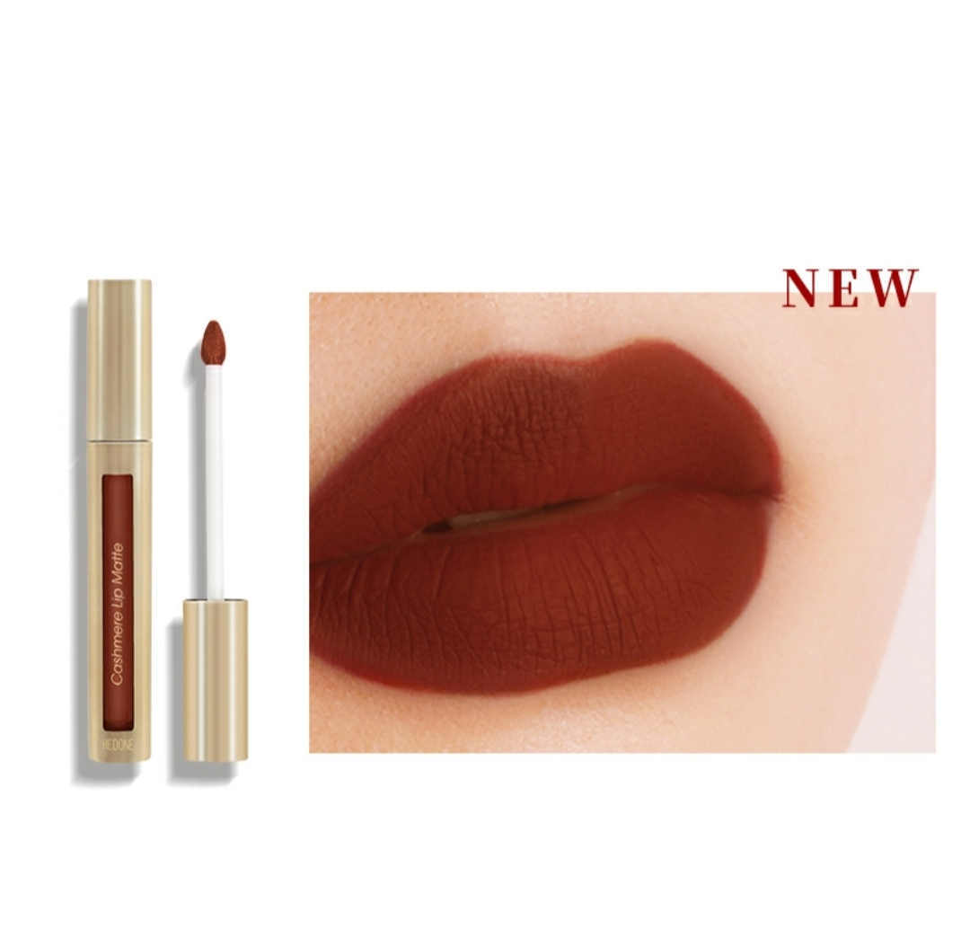 Lipstick with applicator and close-up of lips wearing the color on a white background
