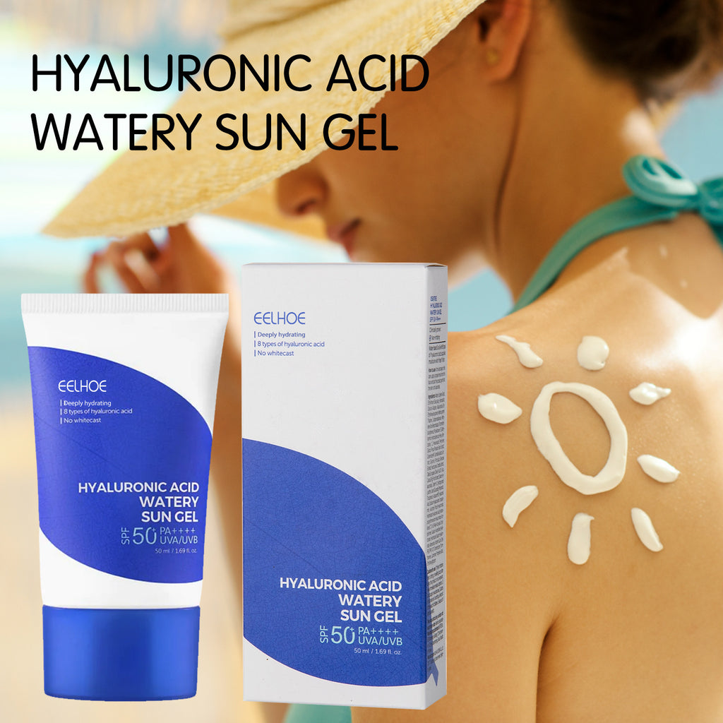 Eelhoe Hyaluronic Acid Watery Sun Gel with packaging and a woman applying sunscreen.
