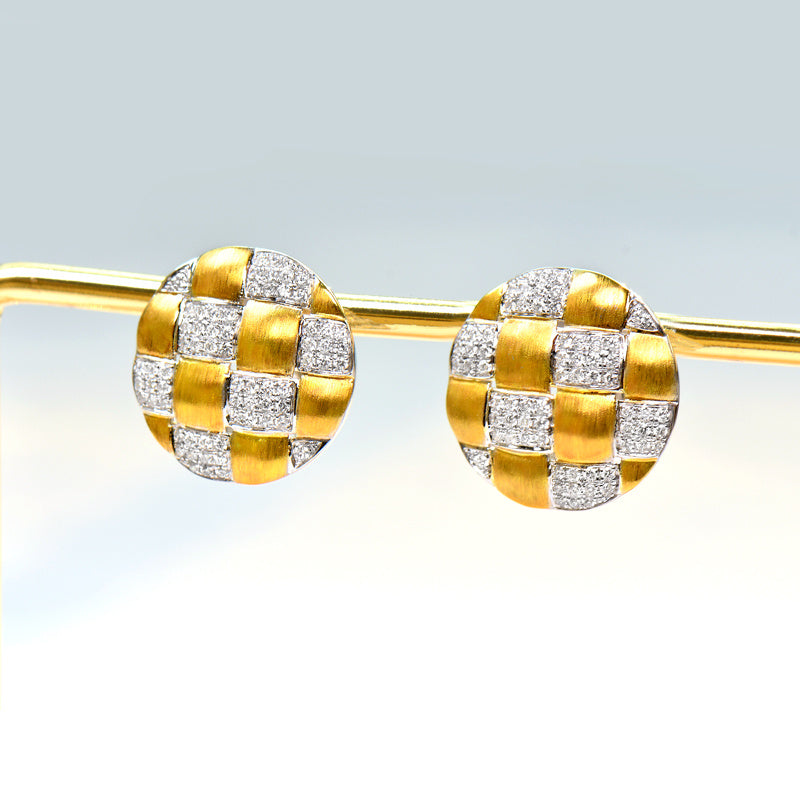 18K Gold Diamond Braided Brushed Round Earrings 17.6mm