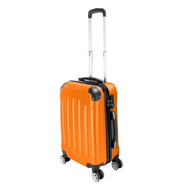 Orange suitcase with a black handle and wheels on a white background