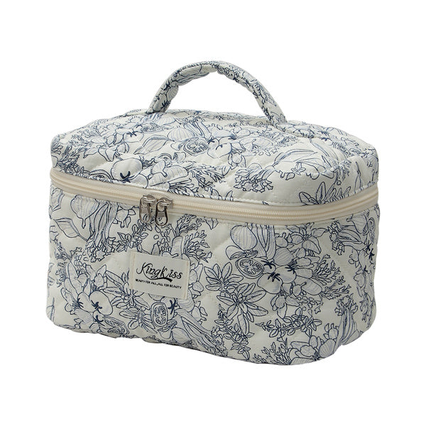 Floral patterned travel case with a visible brand logo on a white background
