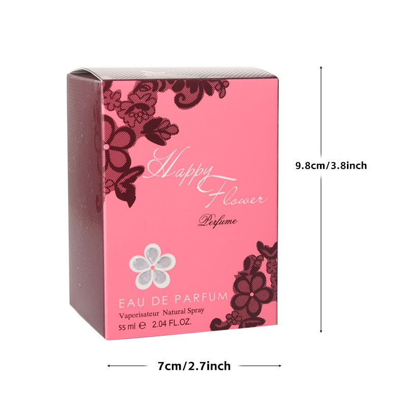 Pink perfume box with floral design and measurements on a white background