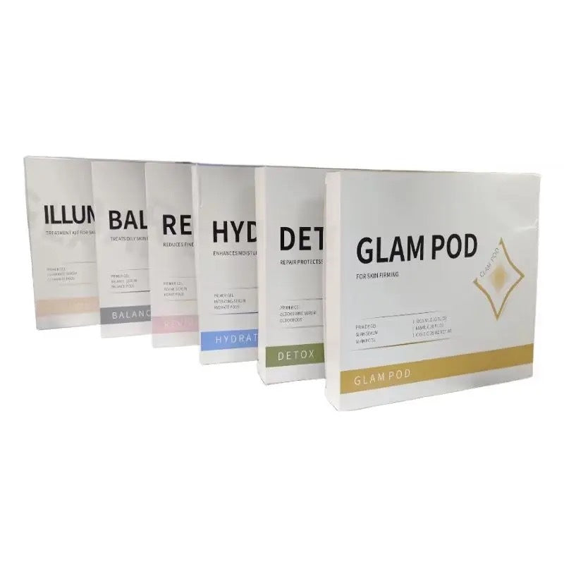 Set of Glam Pod skincare products on a white background