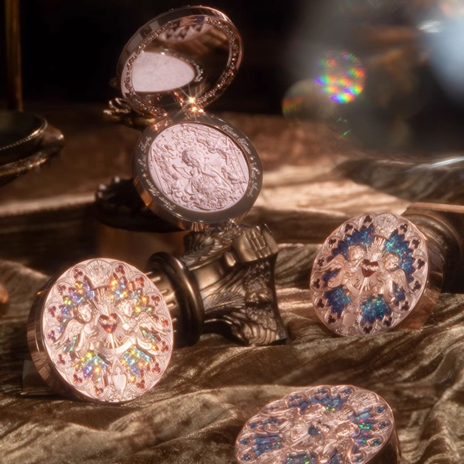 Decorative jewelry set with circular designs on a textured surface