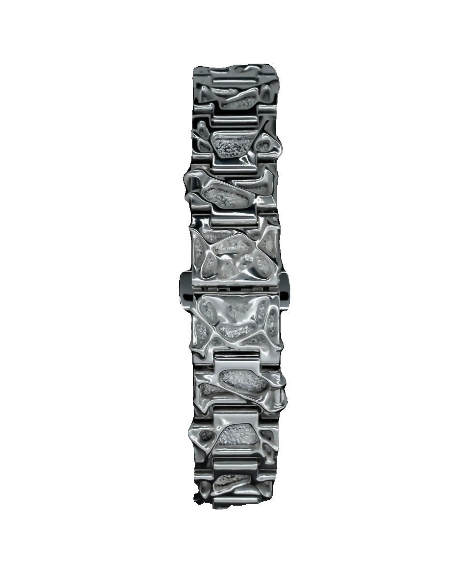 Silver bracelet with geometric design on a white background