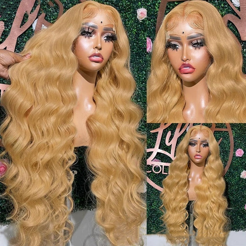 Blonde wig on a mannequin head with a decorative background