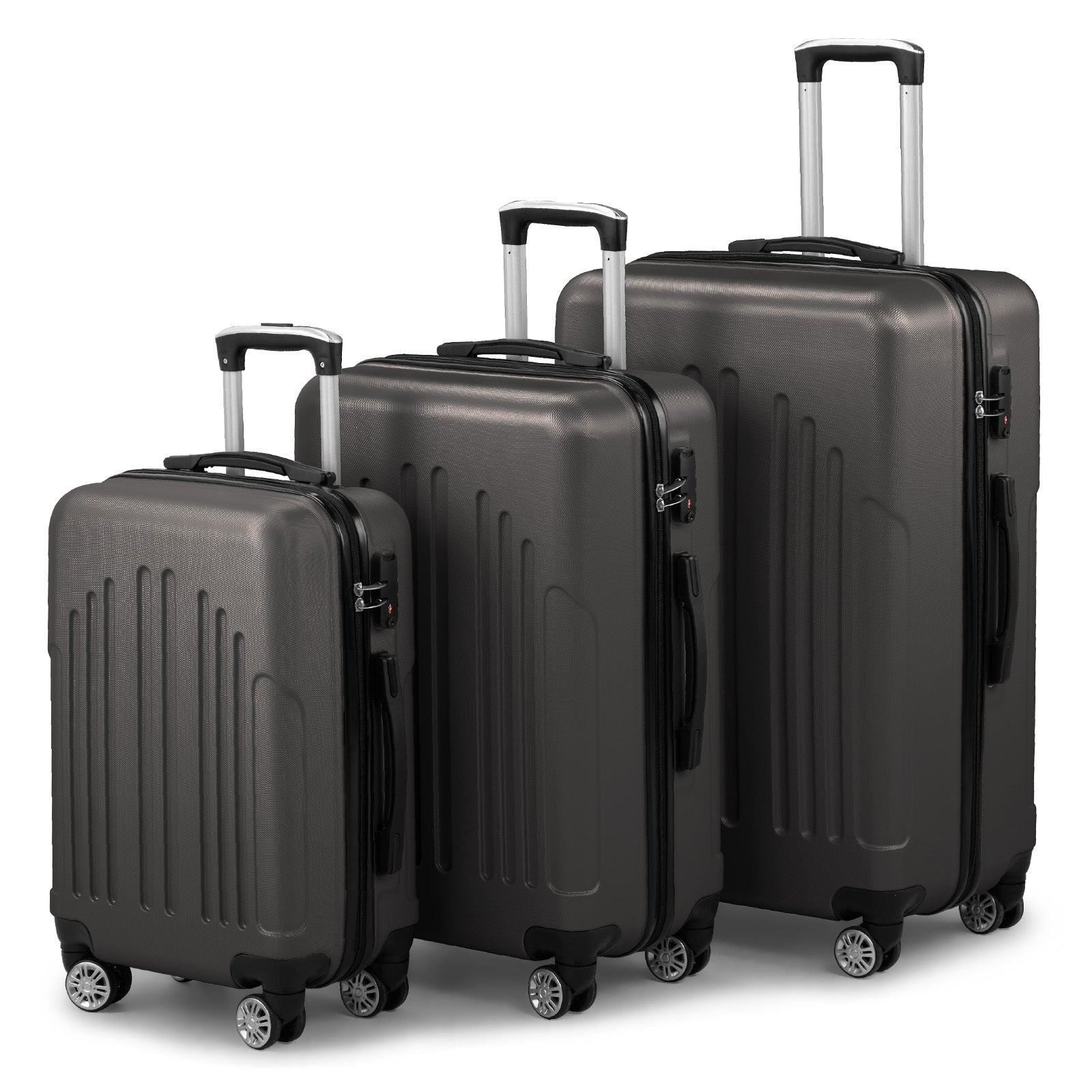 Set of three gray suitcases of different sizes on a white background