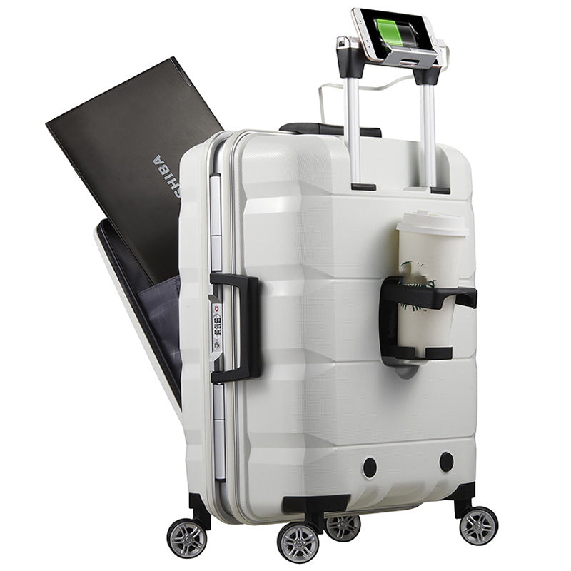 White suitcase with a laptop compartment and cup holder on a white background