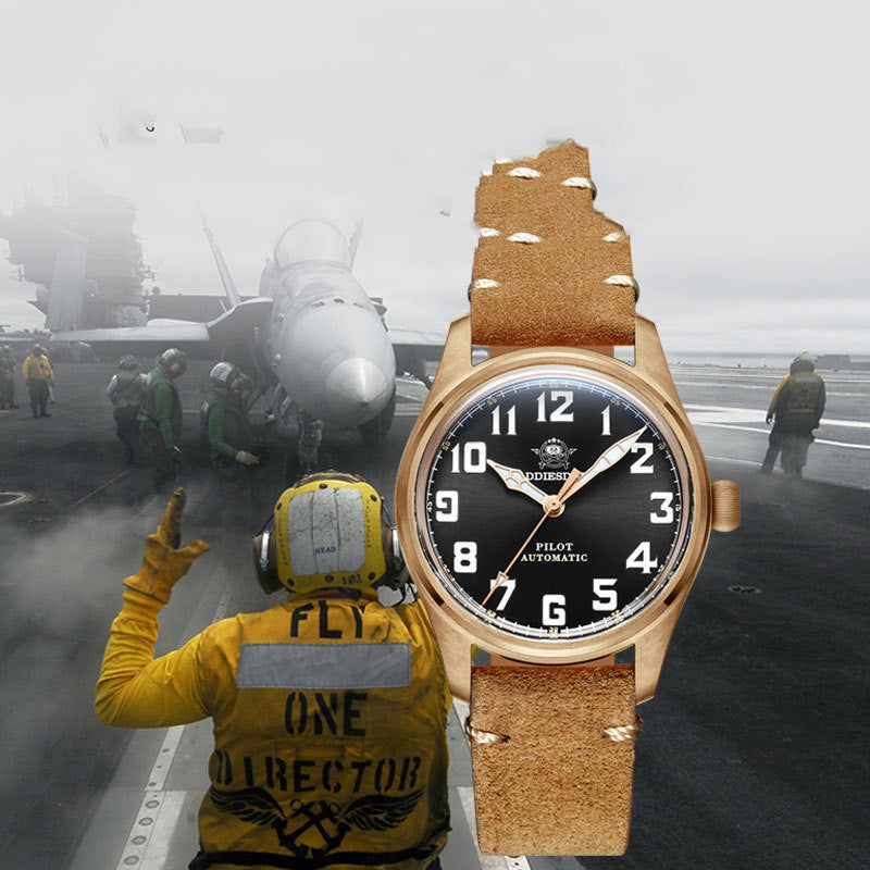 Watch with brown leather strap on a background of an aircraft carrier with pilots.