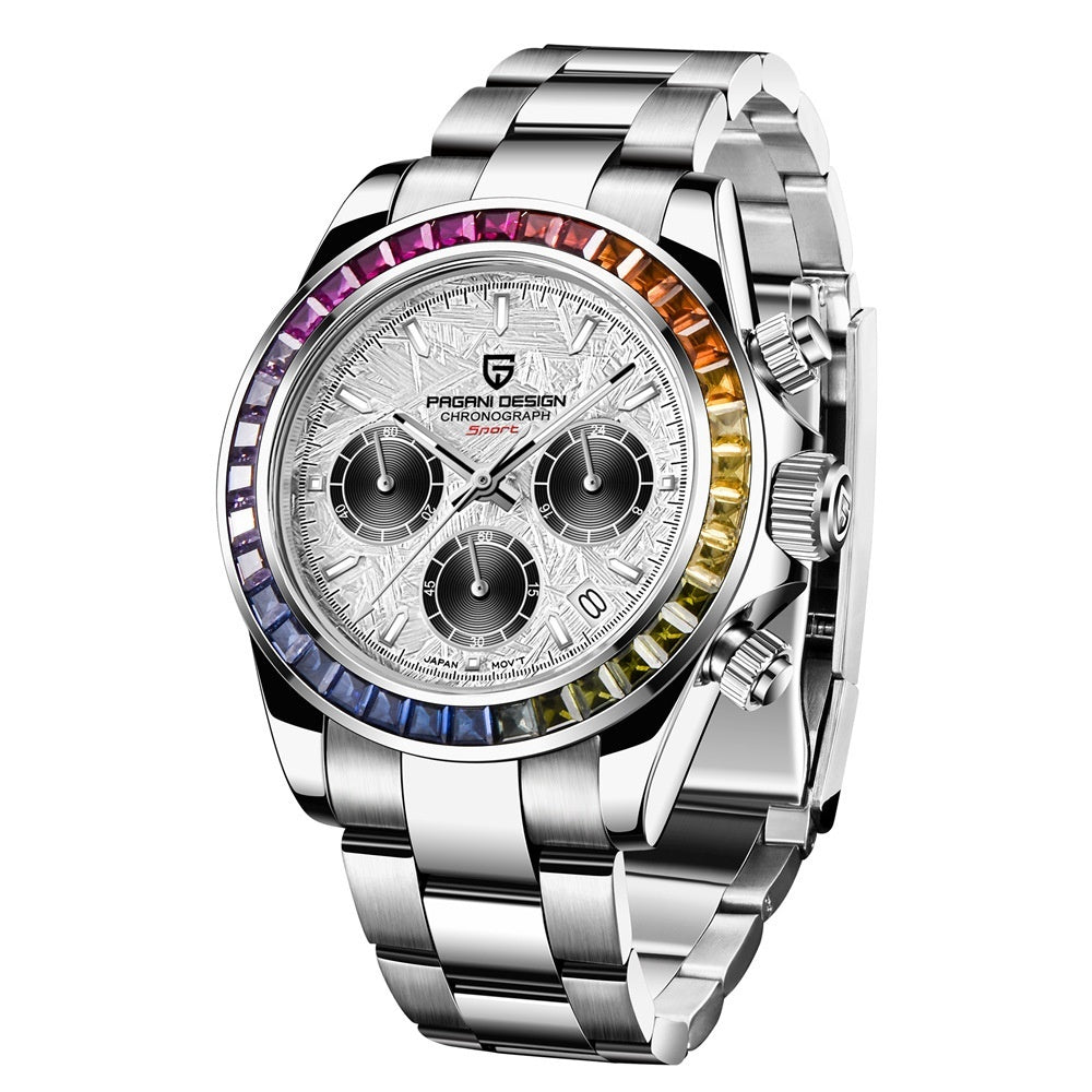 Silver wristwatch with a colorful bevel on a white background