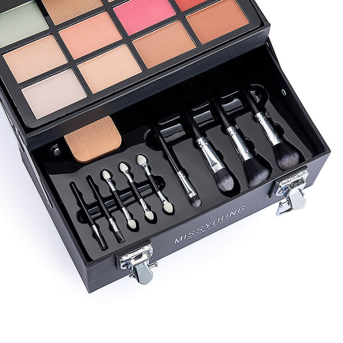 Makeup palette with brushes in a black case on a white background