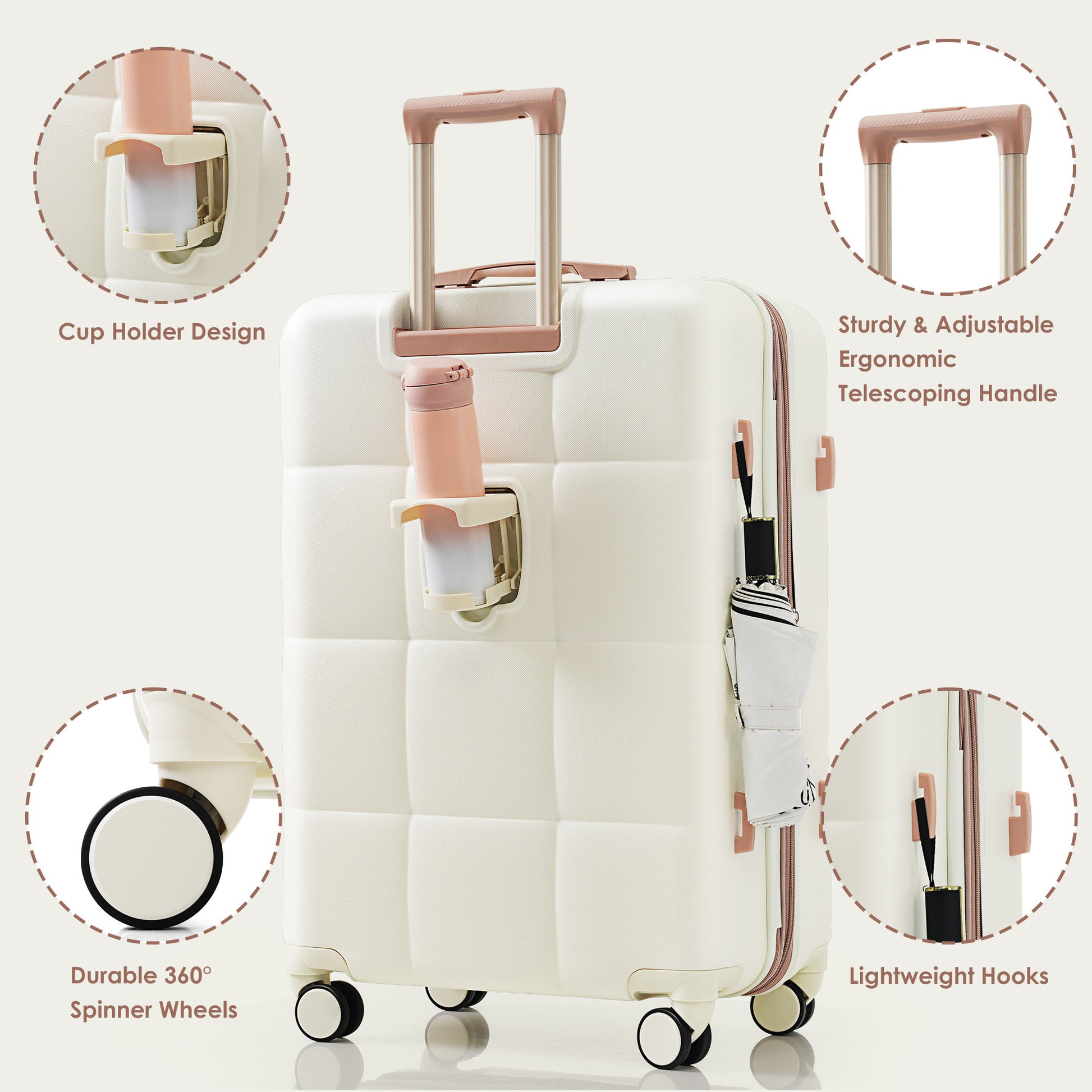 White suitcase with rose gold accents featuring cup holder, handle, wheels, and hooks on a light gray background.
