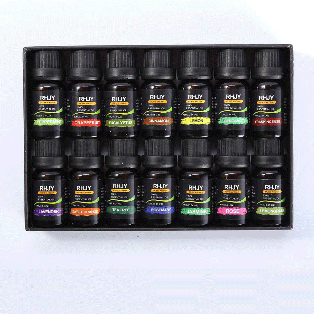 Box of 15RHJY essential oil bottles on a white background