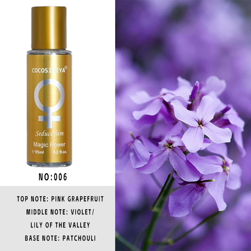Gold bottle labeled 'Cocosheya' with purple flowers in the background