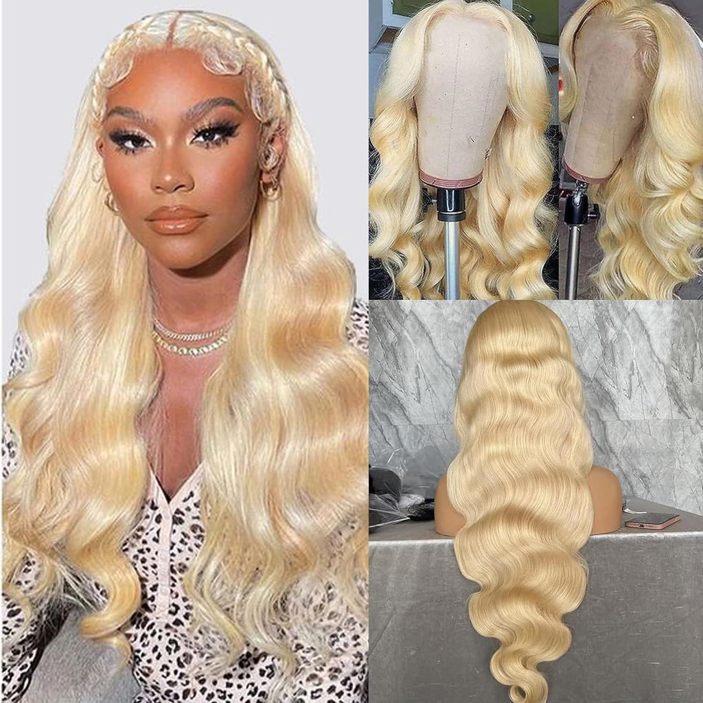 Blonde wig with different views including a mannequin head and close-up.