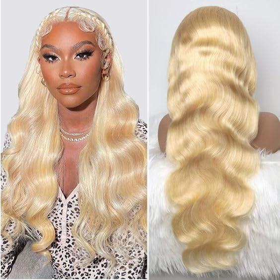 Blonde wig on a mannequin head with close-up of hair texture