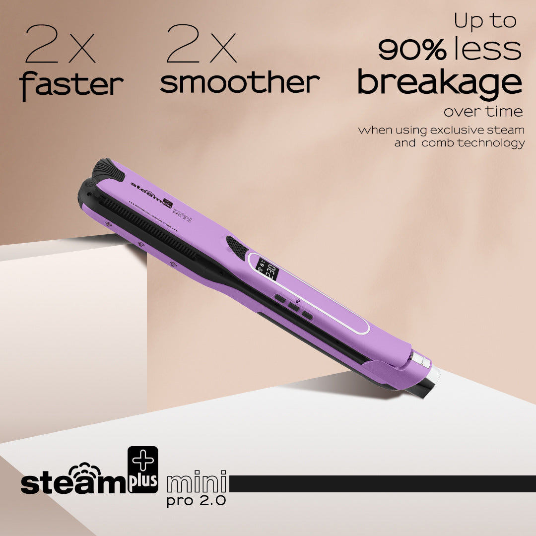 Purple hair straightener with text highlighting features on a beige background