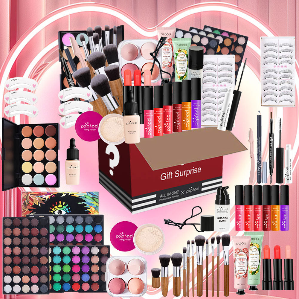 Assorted makeup items including brushes, palettes, and bottles on a pink background with a 'Gift Surprise' box.
