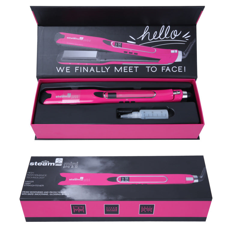 Pink hair straightener in open packaging with 'hello' and promotional text on a white background