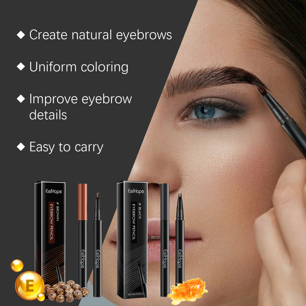 Woman applying eyebrow product with text highlighting features on a dark background