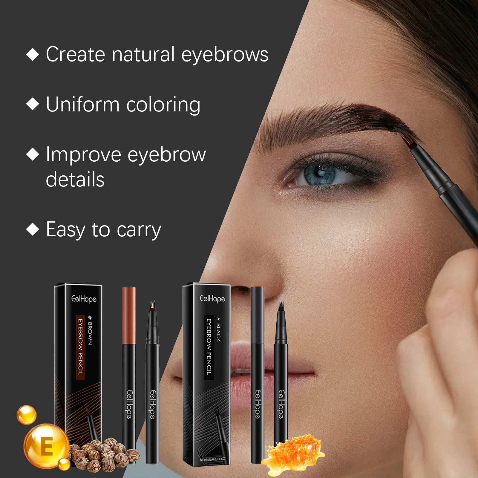 Woman applying eyebrow product with text highlighting features on a dark background