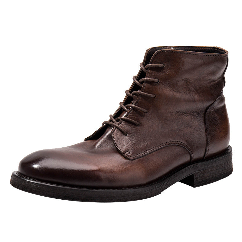 Brown leather boot with laces on a white background