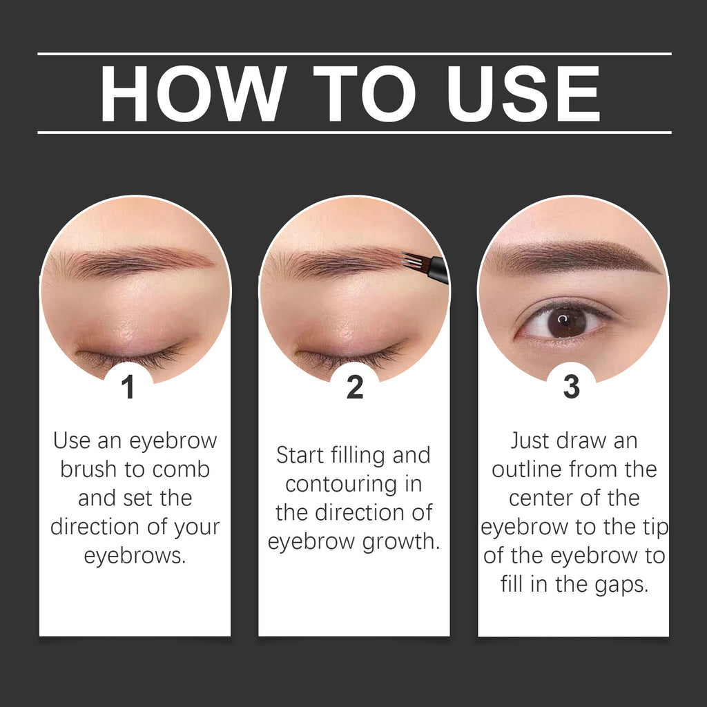 Instructions on how to use an eyebrow product with three steps shown.