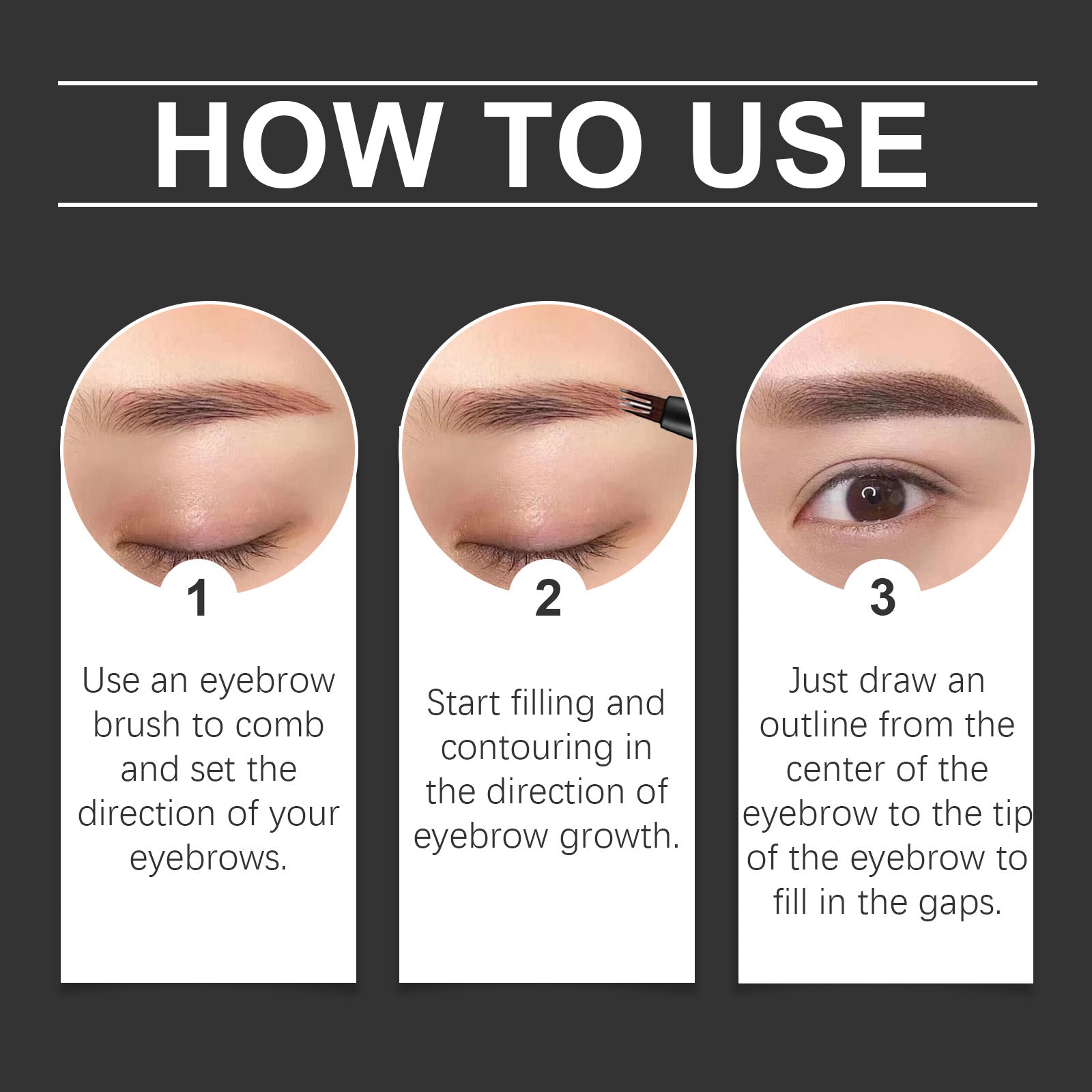 Instructions on how to use an eyebrow product with three steps shown.