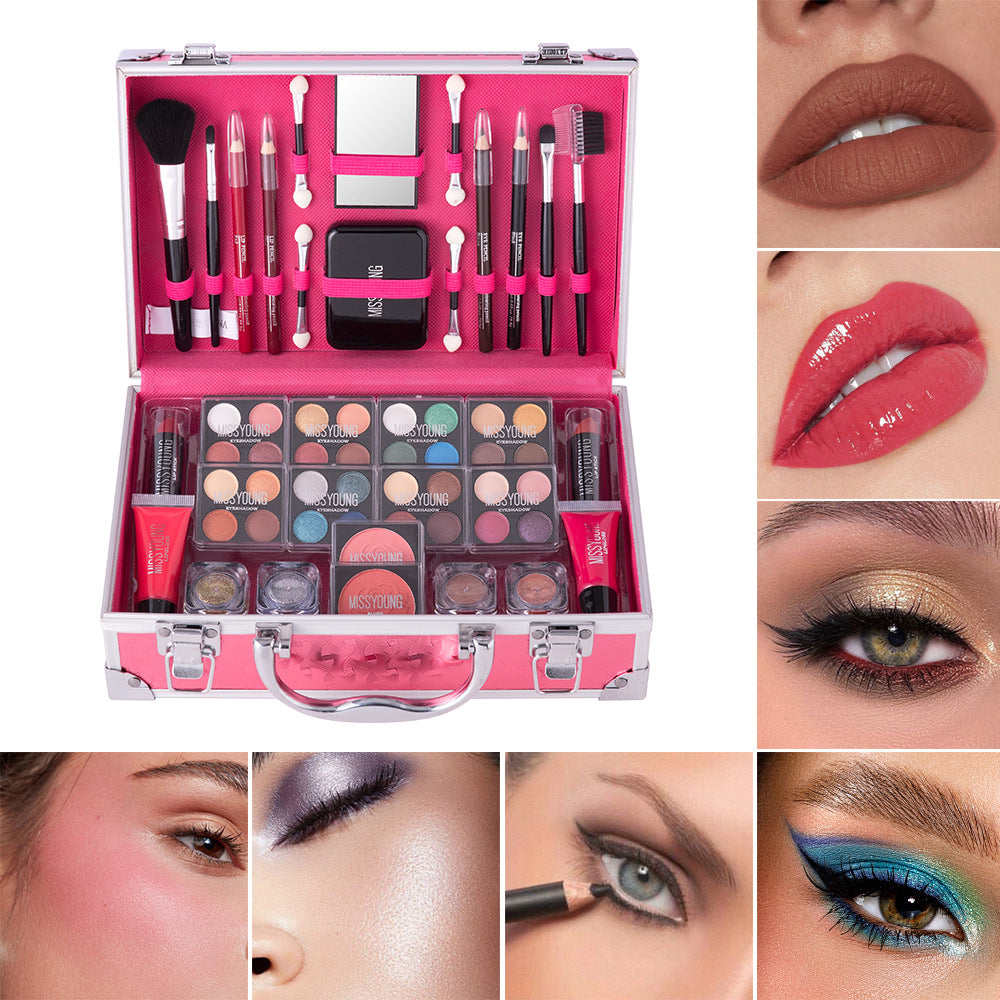 Makeup set with tools and products, surrounded by close-ups of makeup application on a white background.