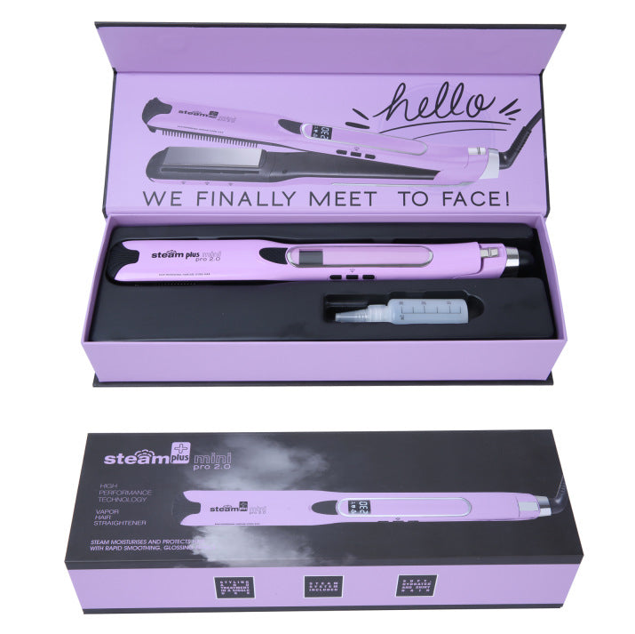 Purple packaging box with a hair straightener inside, featuring branding and text.