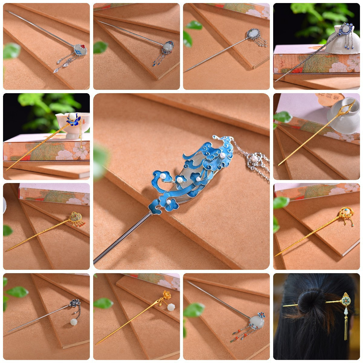 Collage of decorative hair sticks on a textured surface with green leaves in the background.