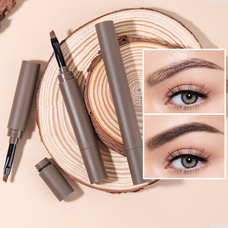 Eyebrow pencils on a wooden surface with close-up shots of eyes wearing the product.