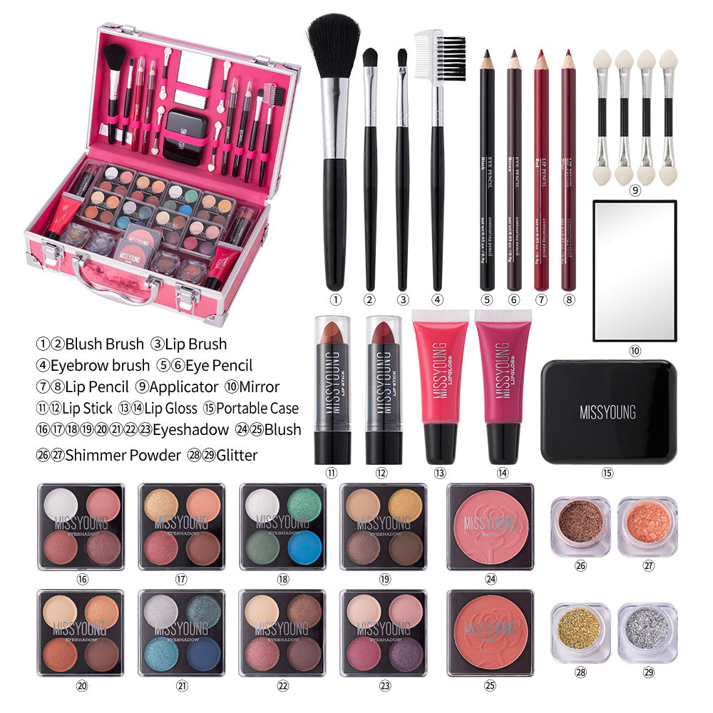 Makeup set with tools and products including brushes, lipsticks, and eyeshadows on a white background.