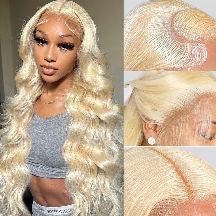 Woman with long blonde wig and close-up views of the wig's texture and color.