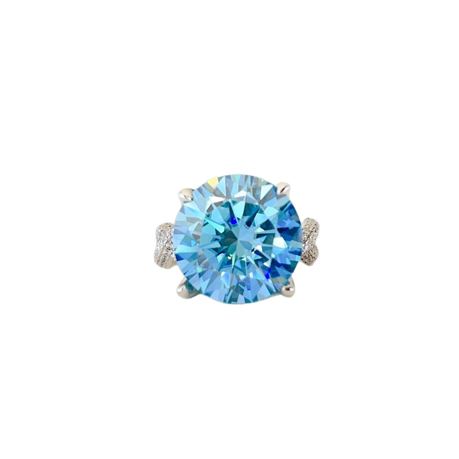 10 Karat Blue Moissanite Luxury Full Diamond Female Ring with large blue gemstone and diamond accents