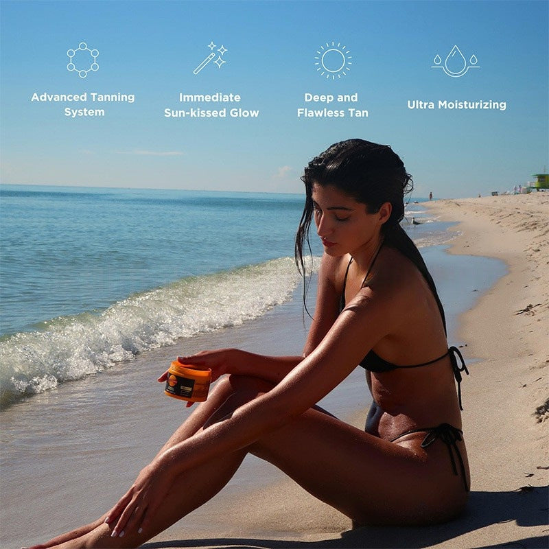 Woman applying sunscreen on a beach with product features listed above.