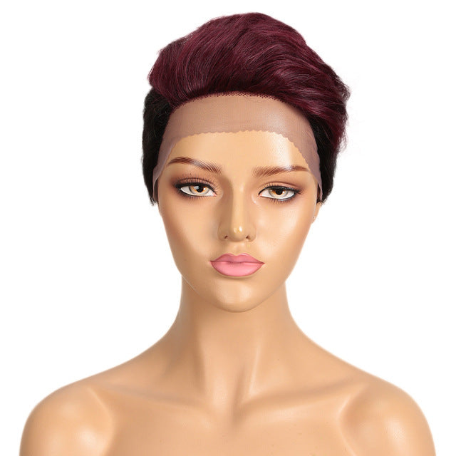 Mannequin head with a burgundy wig on a white background