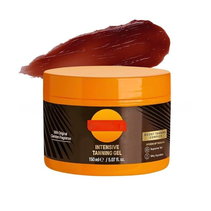 Intensive tanning gel with open jar showing brown gel on a white background