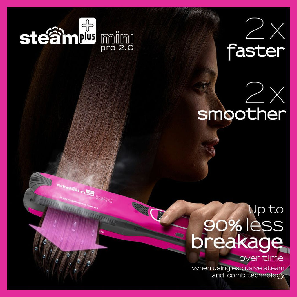 Woman using a steam plus mini pro 2.0 hair straightener with text highlighting benefits on a pink border.