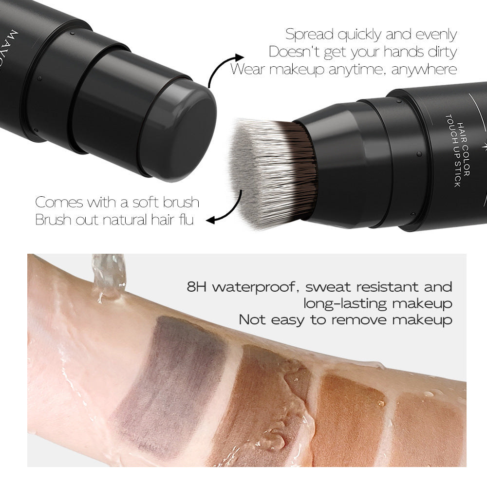 Hair color touch-up stick with brush, application on skin, and product features listed.