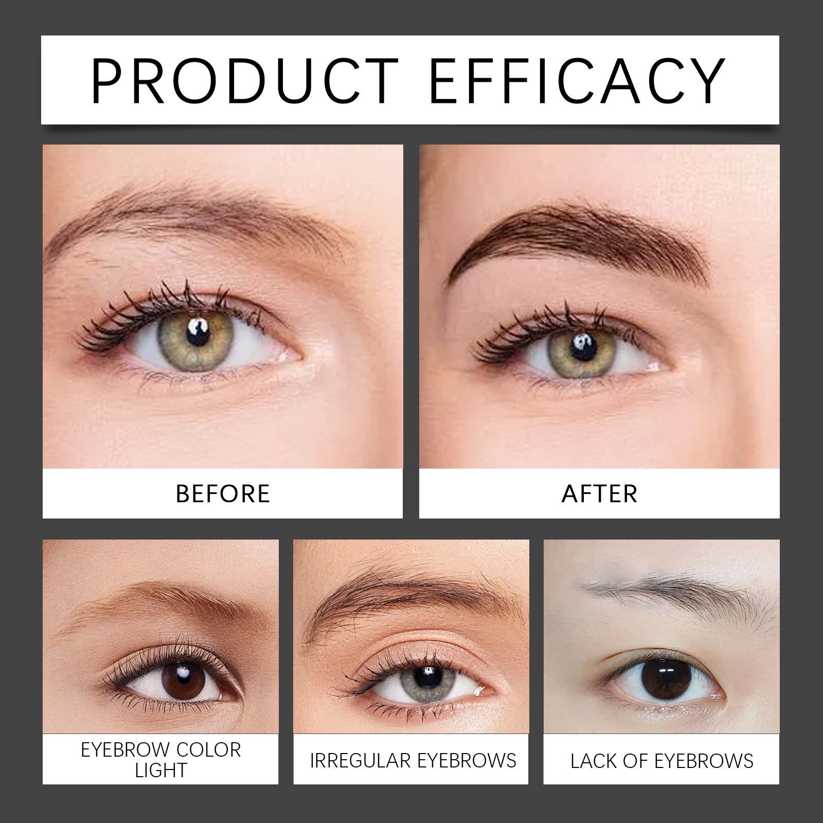 Before and after comparison of eyebrow color light, irregular eyebrows, and lack of eyebrows with a product.