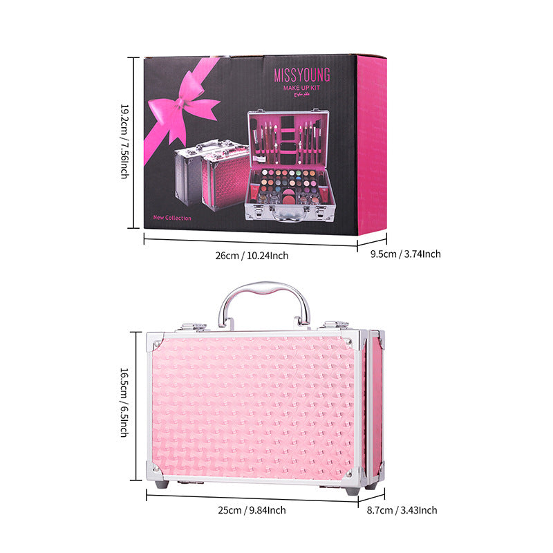 Pink makeup case with dimensions and packaging box on a white background