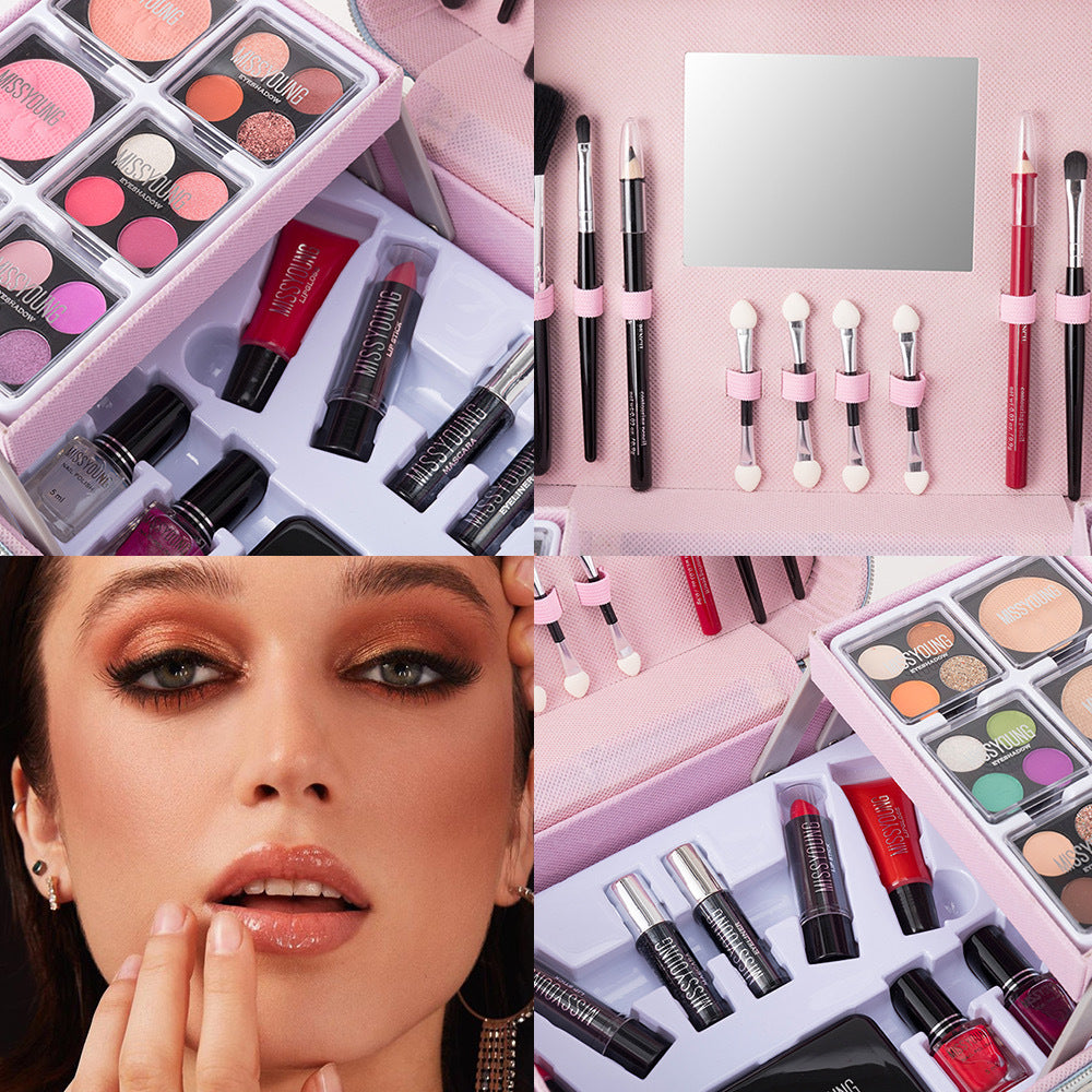 Collage of makeup products including lipsticks, eyeshadows, and brushes on a pink background.