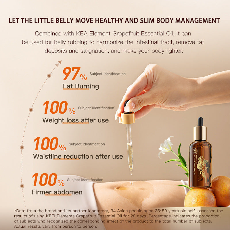 Hand holding a dropper with essential oil over a bottle, promoting belly health and slim body management.