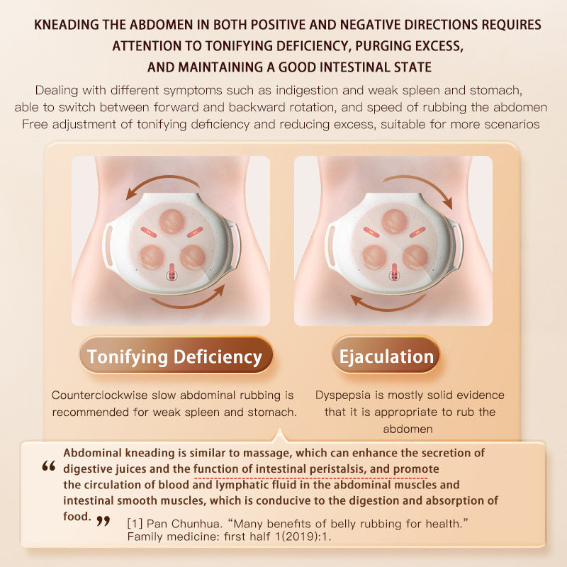 Instructions on abdominal kneading for health benefits with text and illustrations.