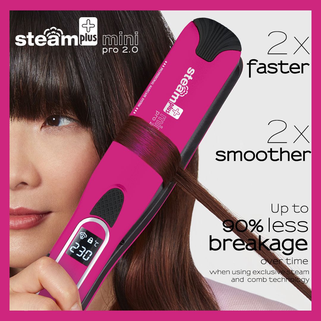 Pink hair straightener being used on hair with promotional text on a pink background
